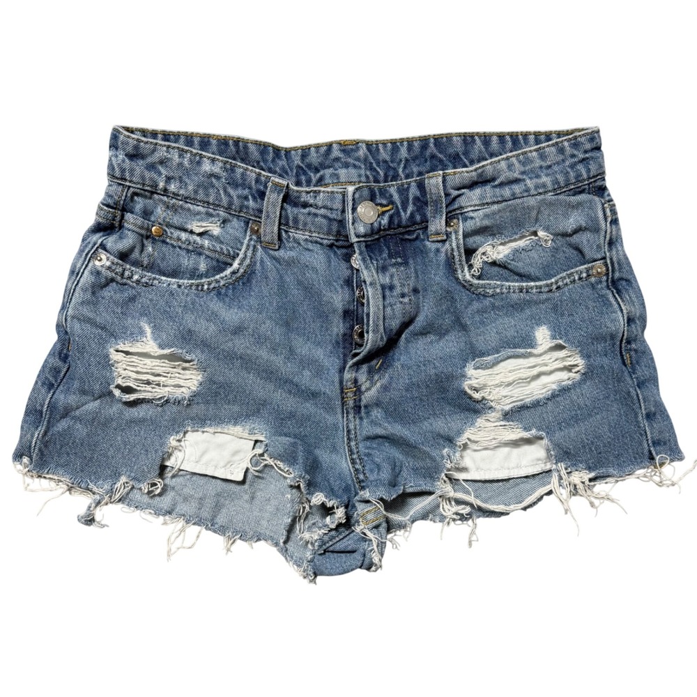 H&M &Denim Womens Size 4 Boyfriend Low Waist Distressed Denim Shorts Button Fly